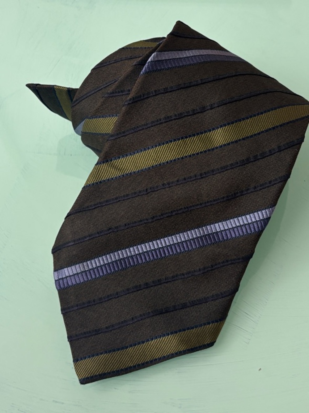 VTG Kenzo Homme Brown Silk Tie with Purple and Green Diagonal Stripes
